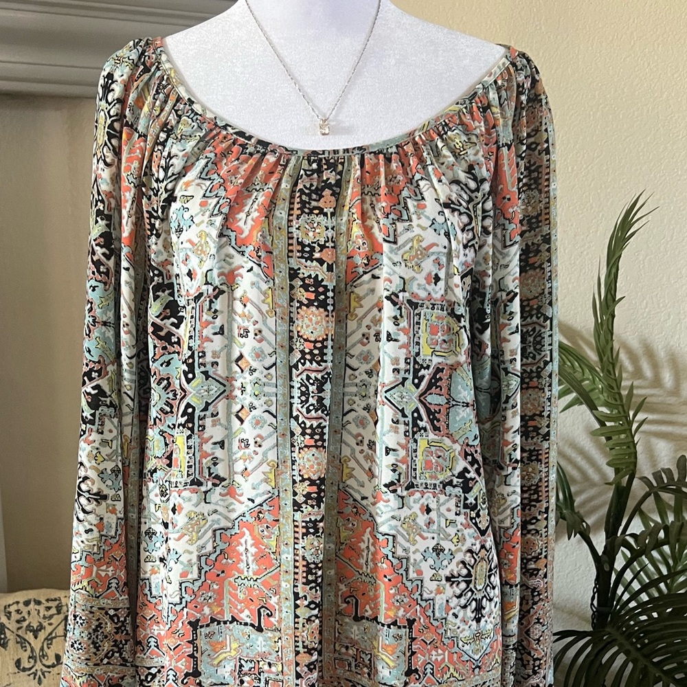 Karen Kane Multicolor Printed Peasant Blouse - Coral, Mint, Black - Picture 7 of 7